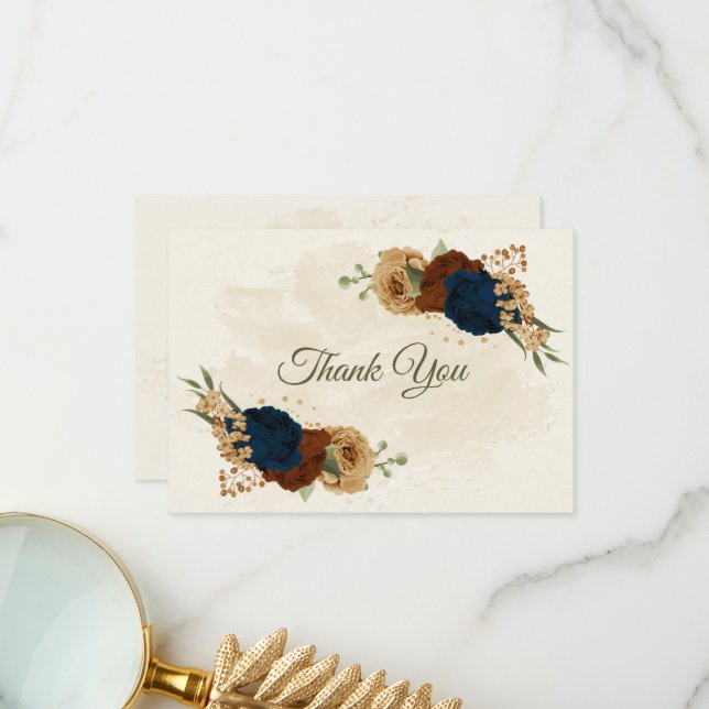 Cartão De Agradecimento casamento floral com marinho de terracotta (Frente/Verso In Situ)