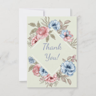 Cartão De Agradecimento Casamento Floral Cor-de-Rosa e Azul Desbotado Enca
