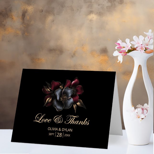 Cartão De Agradecimento Casamento Floral da Cinza Black Burgundy (Criador carregado)