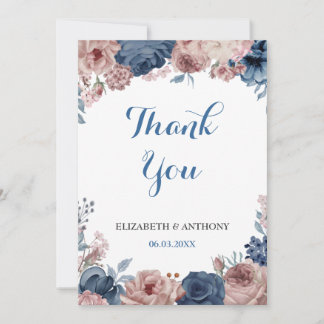 Cartão De Agradecimento Casamento Floral da Marinha Azul Rose Mauve Waterc