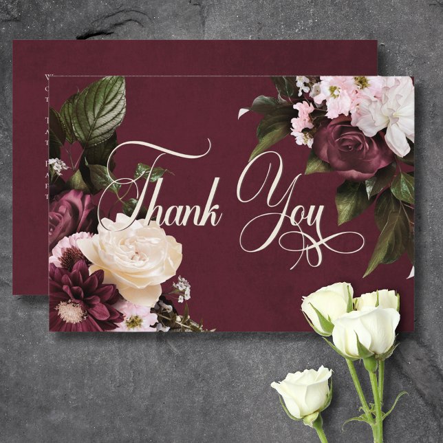 Cartão De Agradecimento Casamento Floral Dark Elegant Burgundy & Cream (Dark Elegant Burgundy & Cream Floral Wedding Thank You Card)