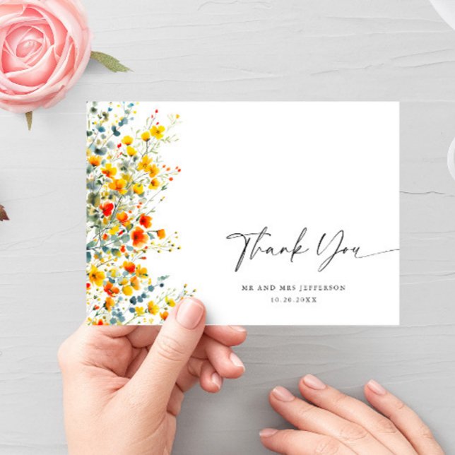Cartão De Agradecimento Casamento Floral das Flores Selvagens de Aquarela  (Criador carregado)