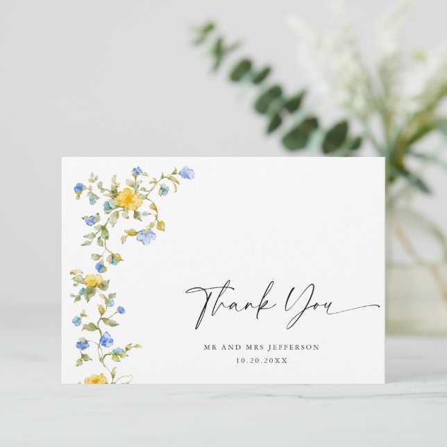 Cartão De Agradecimento Casamento Floral das Flores Selvagens de Aquarela  (Em pé/Frente)