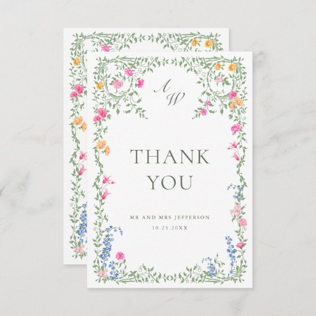 Cartão De Agradecimento Casamento Floral das Flores Selvagens de Aquarela  (Frente/Verso)