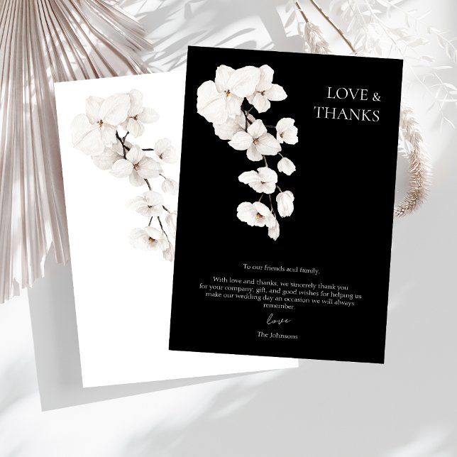 Cartão De Agradecimento Casamento Floral das Orquídeas Brancas Negras (Modern Black and White Orchids Flowers Love and Thanks Wedding Thank You Card )