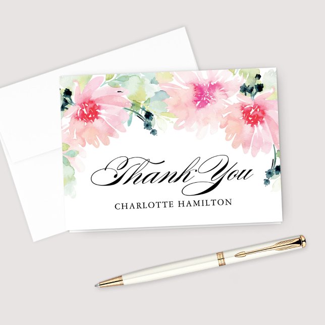 Cartão De Agradecimento Casamento Floral de Água-Viva Primavera Rosa Vinta (Criador carregado)
