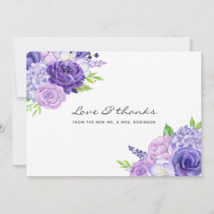 Cartão De Agradecimento Casamento Floral de Aguarela Violeta Ultra