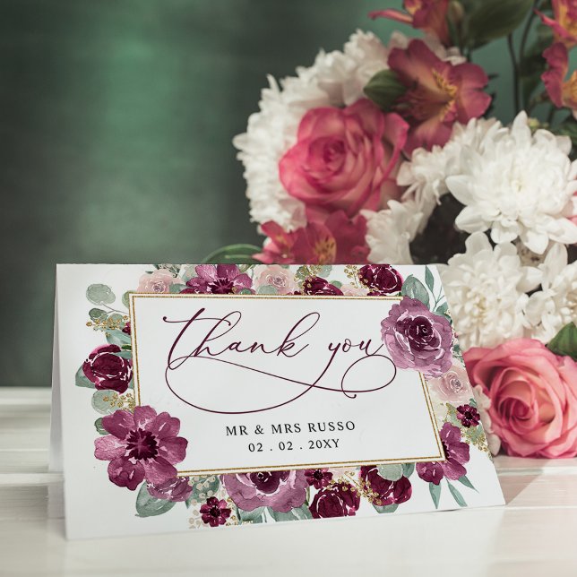 Cartão De Agradecimento Casamento Floral de Ameixa Botânica Elegante (Elegant Botanical Plum Floral Wedding Thank You Card)