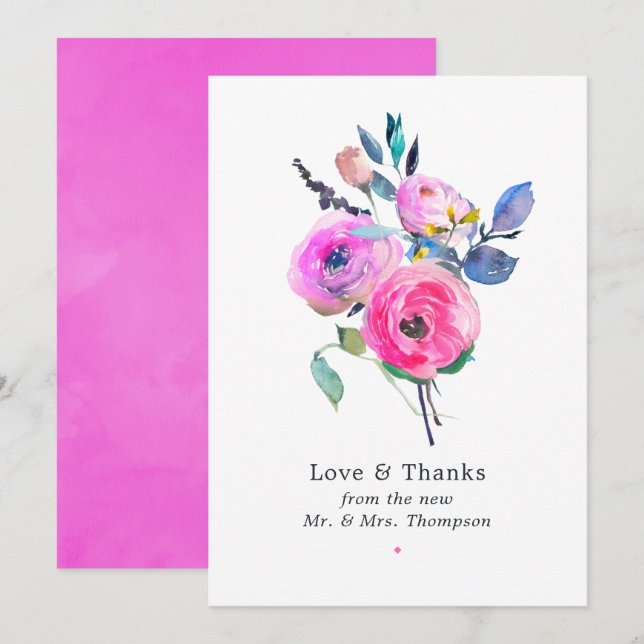 Cartão De Agradecimento Casamento Floral de Aquarela Rosa-Quente (Frente/Verso)