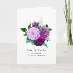 Cartão De Agradecimento Casamento Floral de Aquarela Roxa e Verde