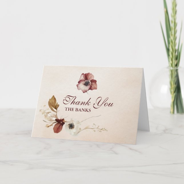 Cartão De Agradecimento Casamento Floral de Aquarelas Blush Burgundy (Frente)