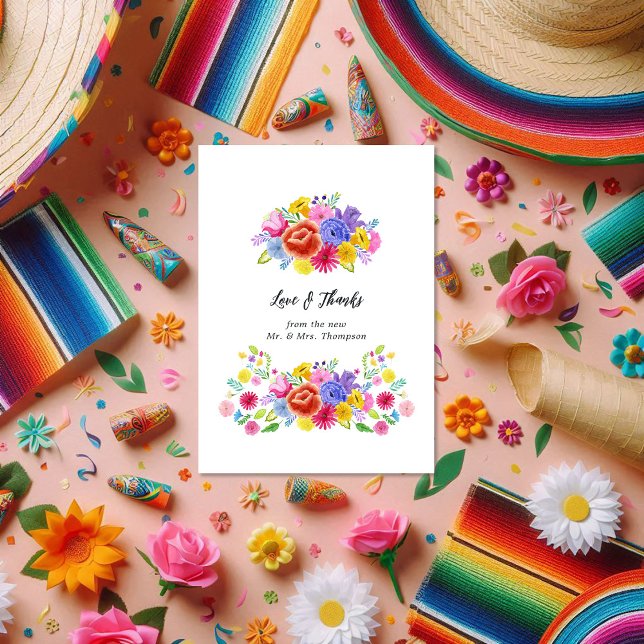 Cartão De Agradecimento Casamento Floral de Arte Folk Mexicana (Mexican Fiesta Folk Art Floral Wedding Thank You Card)