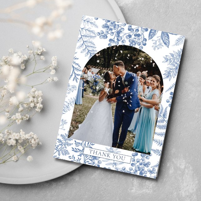 Cartão De Agradecimento Casamento Floral de Blue Bloom francês legante (Elegant French Blue Bloom Floral Wedding Thank You Card)