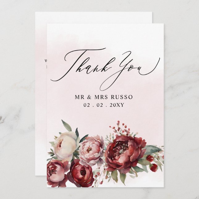Cartão De Agradecimento Casamento Floral de Blush Burgundy Elegante (Frente/Verso)