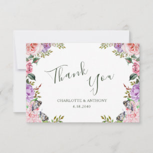 Cartão De Agradecimento Casamento Floral de Borboleta Primavera da Elegant