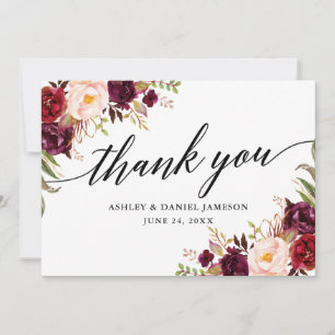 Cartão De Agradecimento Casamento floral de Borgonha da caligrafia