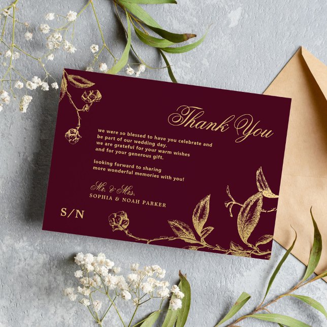 Cartão De Agradecimento Casamento floral de burgundy com caligrafia de our (Criador carregado)