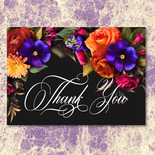 Cartão De Agradecimento Casamento Floral de Colheita de Vibrantes Elegante (Elegant Moody Vibrant Harvest Floral Wedding Thank You Card)