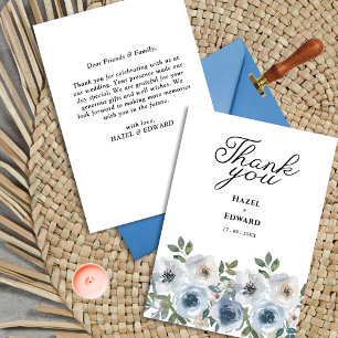 Cartão De Agradecimento Casamento Floral de Cor Azul Simples