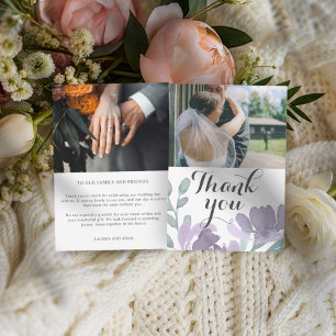 Cartão De Agradecimento Casamento Floral de Cor de Água Púrpura Moderna