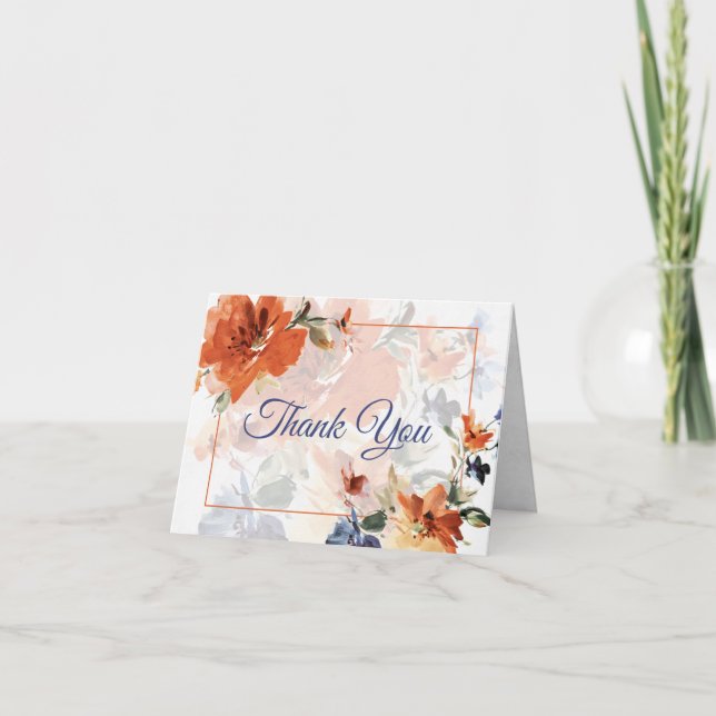 Cartão De Agradecimento Casamento floral de cor laranja e azul (Frente)