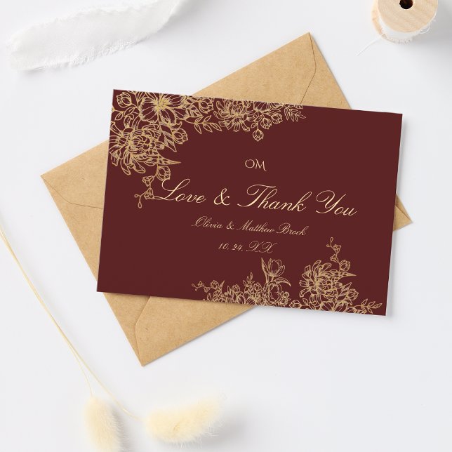 Cartão De Agradecimento Casamento Floral de Elegante Burgundy e Jardim Dou (Criador carregado)