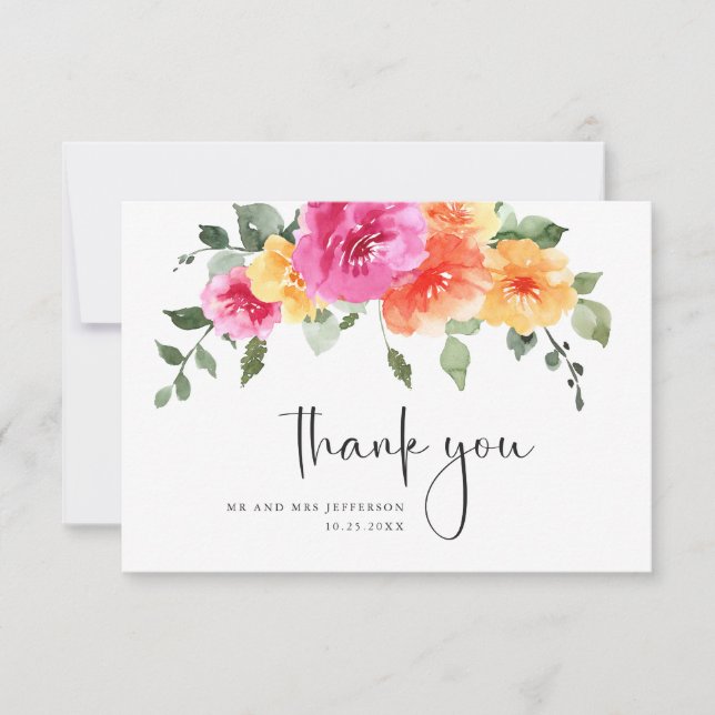 Cartão De Agradecimento Casamento Floral de Flor Brilhante Elegante (Frente)