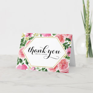 Cartão De Agradecimento Casamento Floral de Folha de Ouro, Rosas de Água