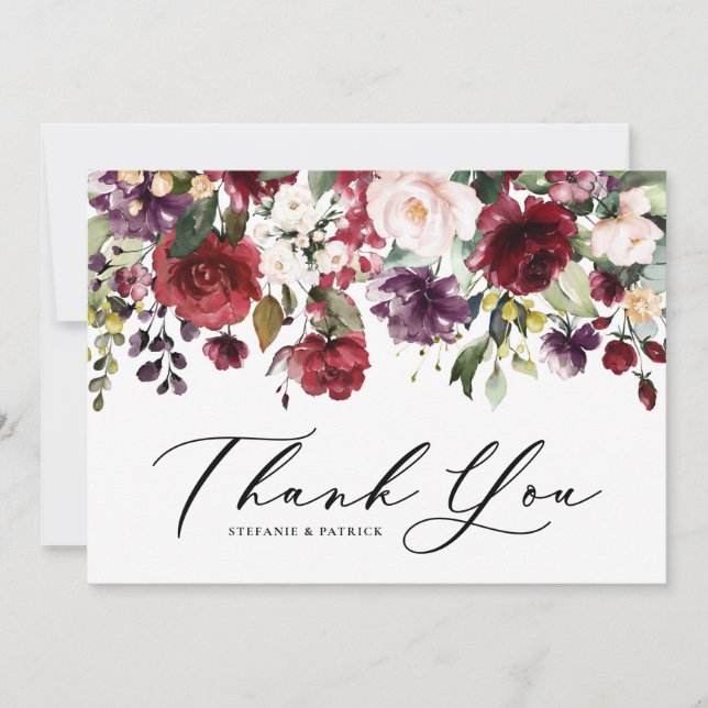 Cartão De Agradecimento Casamento Floral de Garland Vermelha e Púrpura (Frente)