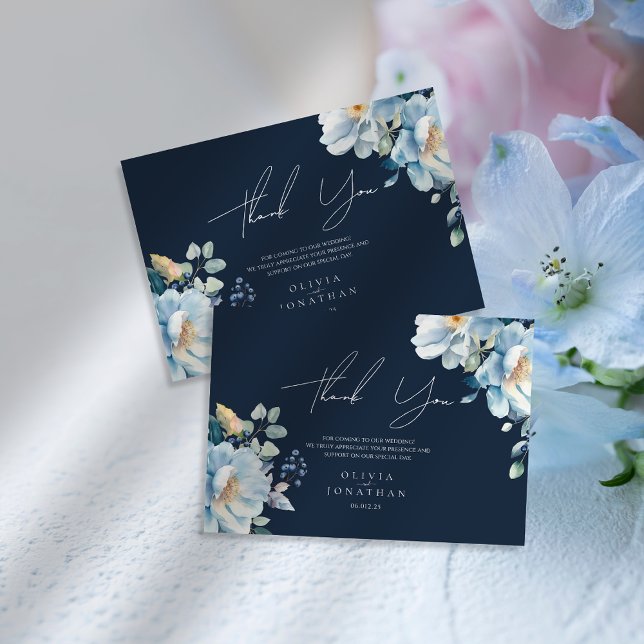 Cartão De Agradecimento Casamento Floral de Inverno Azul de Aquarela (Criador carregado)
