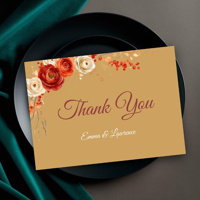 Cartão De Agradecimento Casamento floral de laranja-cor-de-laranja (Criador carregado)