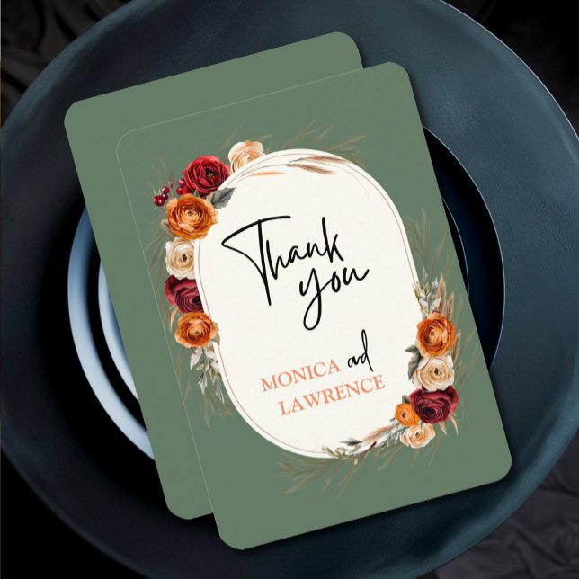 Cartão De Agradecimento Casamento floral de laranja de outono elegante (Criador carregado)