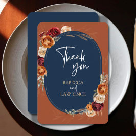 Cartão De Agradecimento Casamento floral de marinho de laranja de outono n