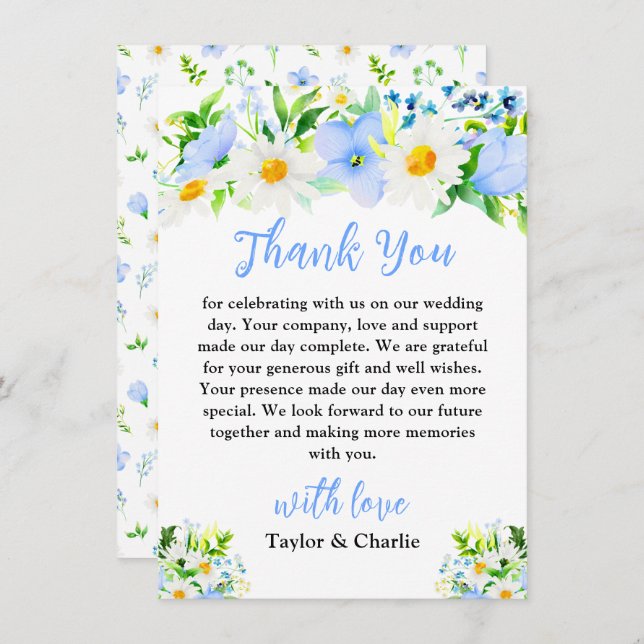 Cartão De Agradecimento Casamento Floral de Não-Me-Esqueças e Margaridas (Frente/Verso)