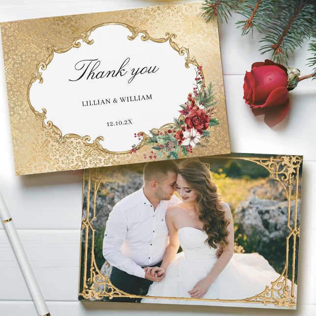 Cartão De Agradecimento Casamento Floral de Natal de Opulência ouro (Criador carregado)