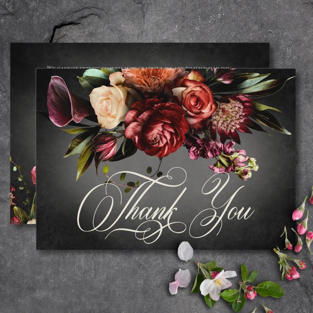 Cartão De Agradecimento Casamento Floral de Outono de Borrão Escuro (Dark Elegant Blur Autumn Floral Wedding Thank You Card)