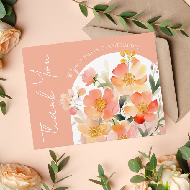 Cartão De Agradecimento Casamento Floral de Peach Laranja de Arca Moderna (Criador carregado)