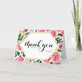 Cartão De Agradecimento Casamento Floral de Rosas de Aquarela Rosa