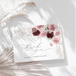 Cartão De Agradecimento Casamento Floral de Rosas Rosa Espelhadas Elegante