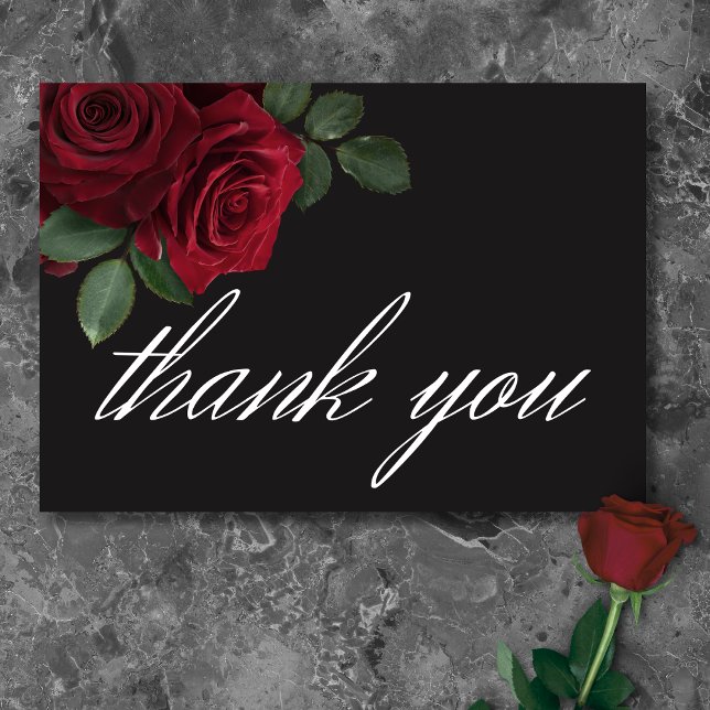 Cartão De Agradecimento Casamento Floral de Rosas vermelhas de Sangue Eleg (Elegant Moody Blood Red Roses Floral Wedding Thank You Card)