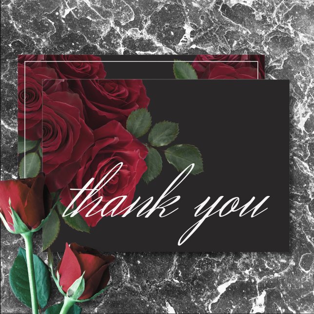 Cartão De Agradecimento Casamento Floral de Rosas vermelhas de Sangue Eleg (Elegant Moody Blood Red Roses Floral Wedding Thank You Card)