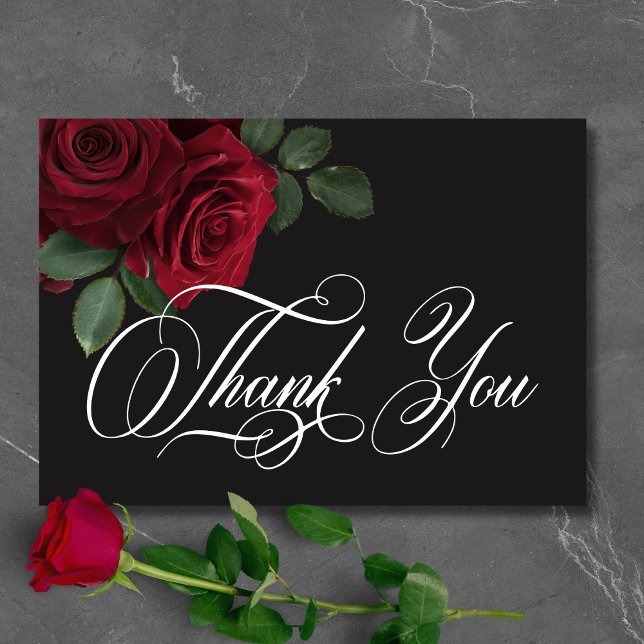 Cartão De Agradecimento Casamento Floral de Rosas vermelhas de Sangue Eleg (Elegant Moody Blood Red Roses Floral Wedding Thank You Card)