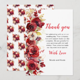Cartão De Agradecimento Casamento Floral de Rosas vermelhas Românticas