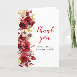Cartão De Agradecimento Casamento Floral de Rosas vermelhas Românticas