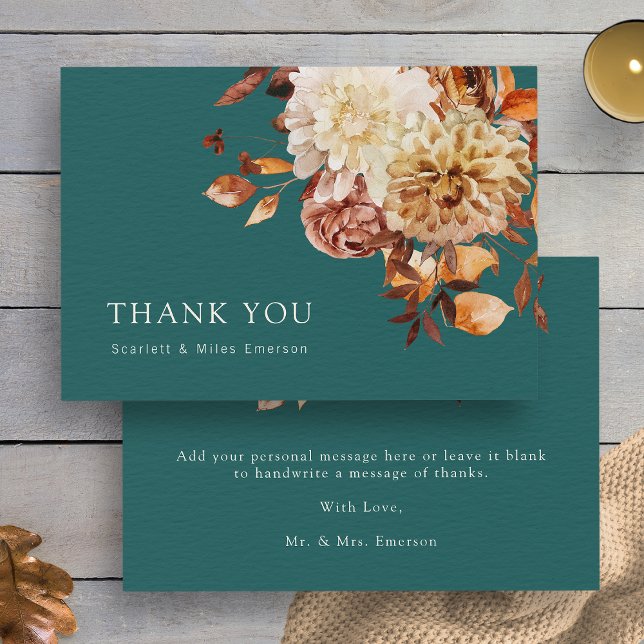 Cartão De Agradecimento Casamento Floral de Teal Fall Terracotta Watercolo (Teal Fall Terracotta Watercolor Floral Wedding Thank You Card by Painted Paperie
)