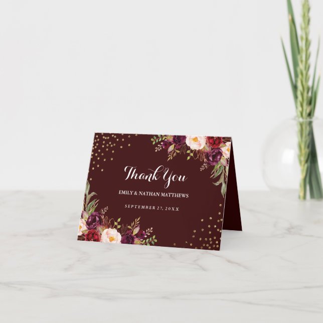 Cartão De Agradecimento Casamento Floral Dourado Burgundy Confetti Obrigad (Frente)
