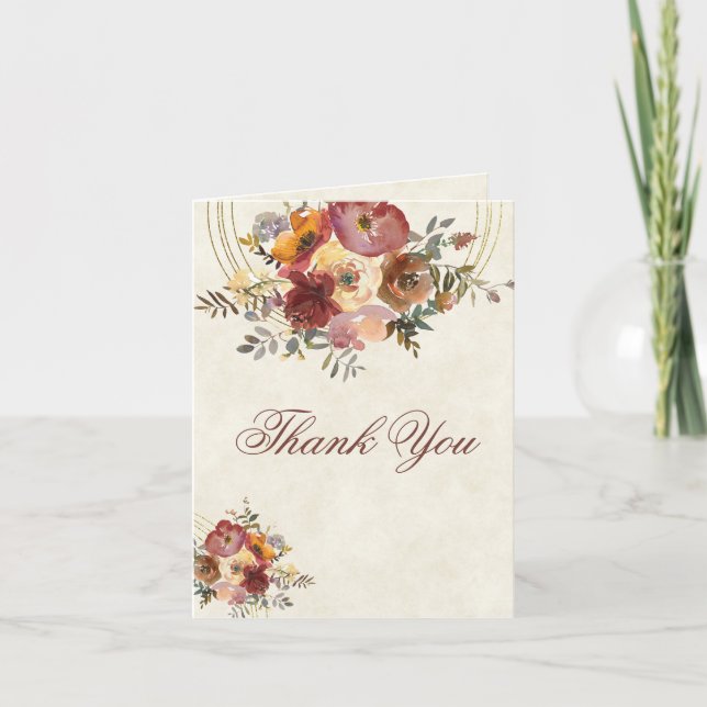 Cartão De Agradecimento Casamento floral e de ouro no outono (Frente)