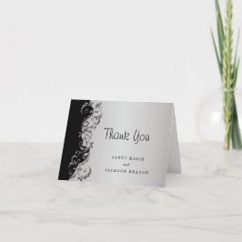 Cartão De Agradecimento Casamento Floral Elegante Black & Silver Obrigado