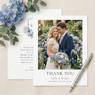 Cartão De Agradecimento Casamento Floral Elegante com Aquarela Azul