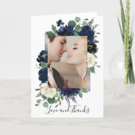 Cartão De Agradecimento Casamento Floral Elegante de Marinho Azul e Prata